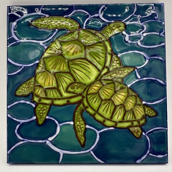 Pacific Blue Tile Trivet Colorful Sea Turtles Hand Painted Hanging Home Decor 6” - Picture 1 of 4